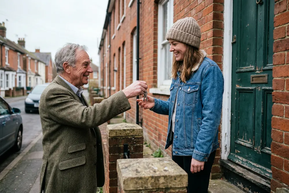 Landlord handing keys to a tenant at a terraced house door